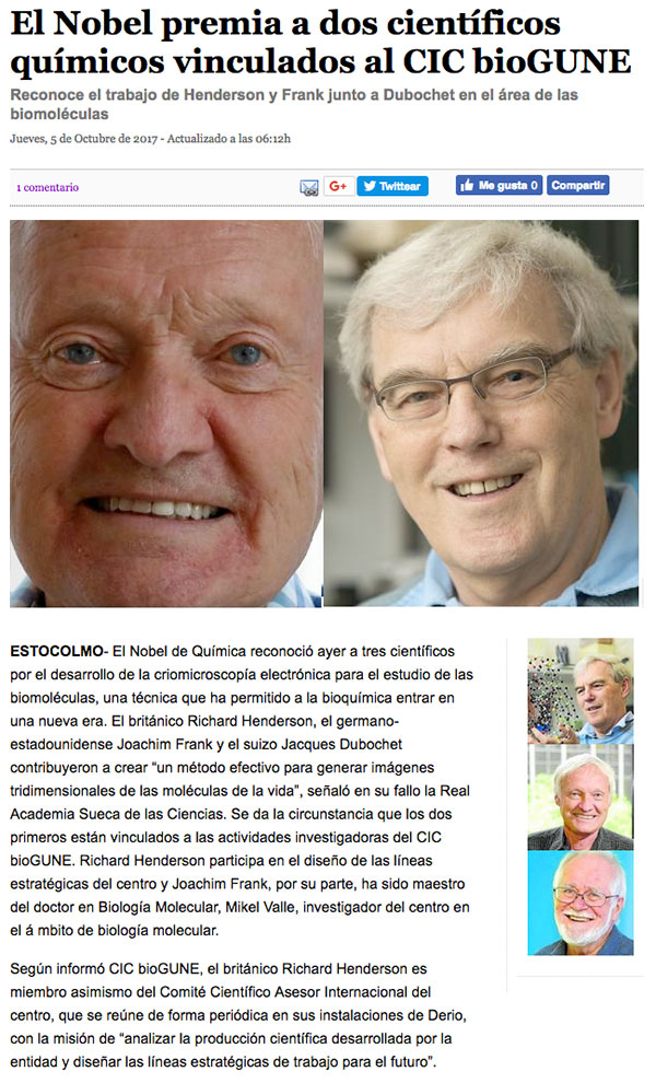 El Nobel premia a dos cientÃ­ficos quÃ­micos vinculados al CIC bioGUNE 